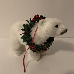 2012 Byers Choice Caroler Polar Bear, Wreath with Red Berries and Red Bow Around